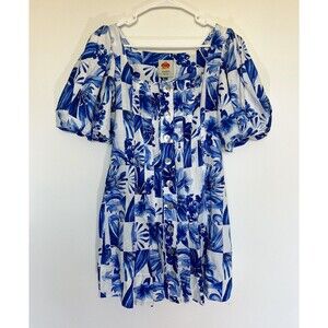 FARM Rio Blue White Floral Puff Sleeve Button Front Mini Dress – Size XS